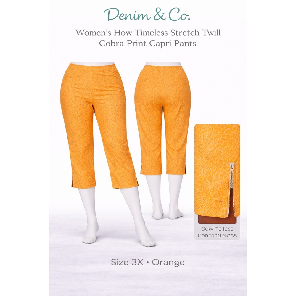 Denim & Co Womens‎ 3X How Timeless Stretch Twill Cobra Print Capri Pants Orange